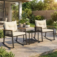 Gymax Ensemble de bistrot basculant d'extérieur 3 pièces avec table basse en verre trempé à 2 niveaux et coussins pour patio et jardin