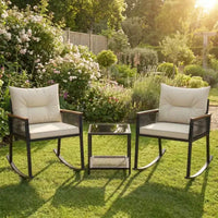 Gymax Ensemble de bistrot basculant d'extérieur 3 pièces avec table basse en verre trempé à 2 niveaux et coussins pour patio et jardin