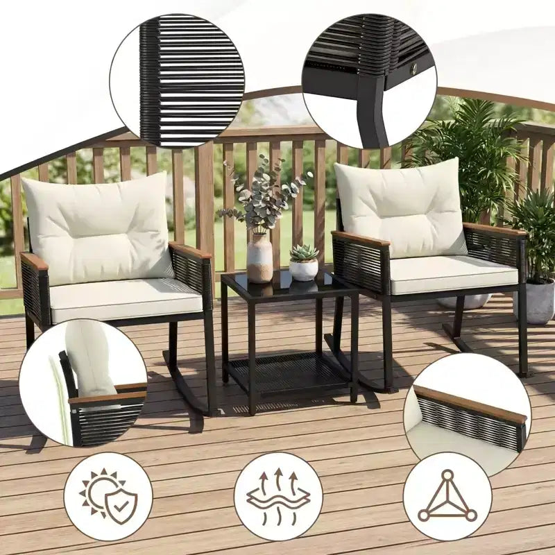 Gymax Ensemble de bistrot basculant d'extérieur 3 pièces avec table basse en verre trempé à 2 niveaux et coussins pour patio et jardin