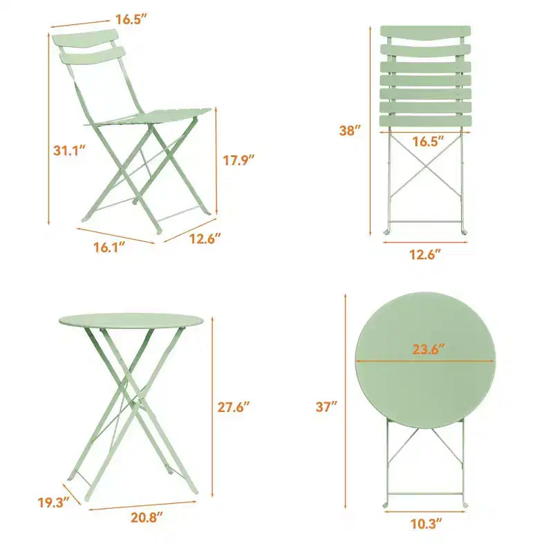 Ensemble bistro de terrasse pliant 3 pièces, mobilier en métal intérieur/extérieur, table et 2 chaises, sans montage requis, parfait pour balcon, jardin