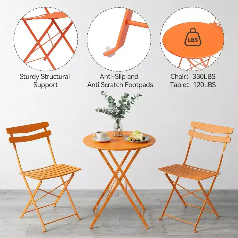 Ensemble de bistrot pliable 3 pièces pour patio, table et 2 chaises en métal pour l'intérieur/extérieur, aucun assemblage requis, parfait pour balcon, cour et jardin