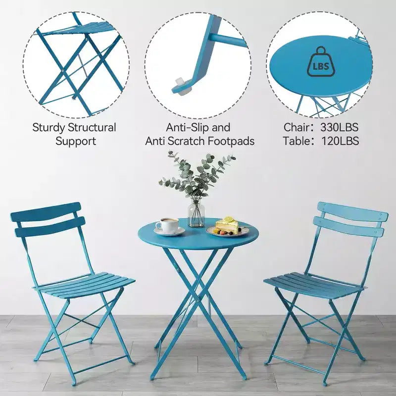 Ensemble de bistrot pliable 3 pièces pour patio, table et 2 chaises en métal pour l'intérieur/extérieur, aucun assemblage requis, parfait pour balcon, cour et jardin