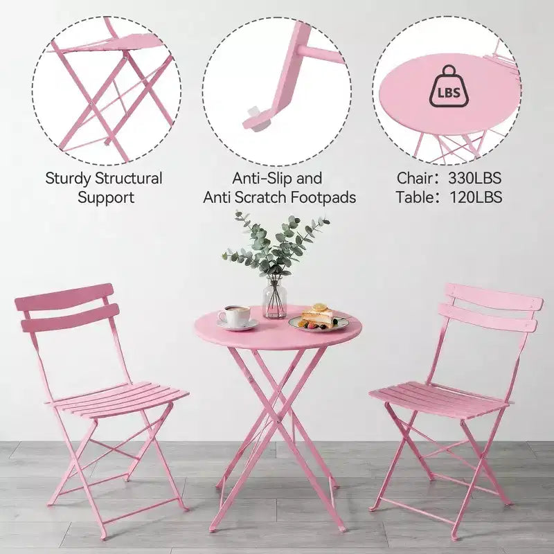Ensemble bistro de terrasse pliant 3 pièces, mobilier en métal intérieur/extérieur, table et 2 chaises, sans montage requis, parfait pour balcon, jardin