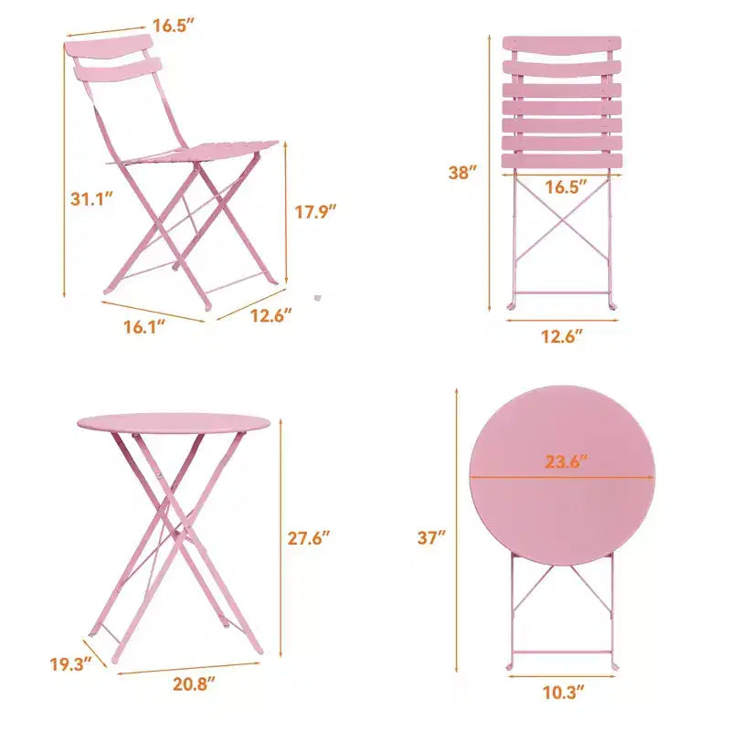 Ensemble bistro de terrasse pliant 3 pièces, mobilier en métal intérieur/extérieur, table et 2 chaises, sans montage requis, parfait pour balcon, jardin
