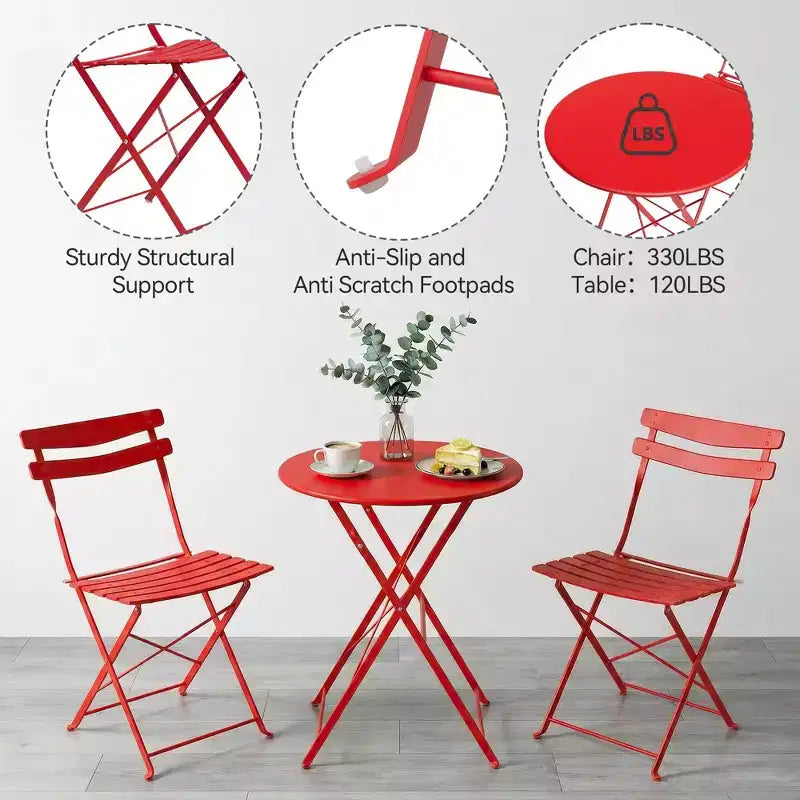 Ensemble bistro de terrasse pliant 3 pièces, mobilier en métal intérieur/extérieur, table et 2 chaises, sans montage requis, parfait pour balcon, jardin