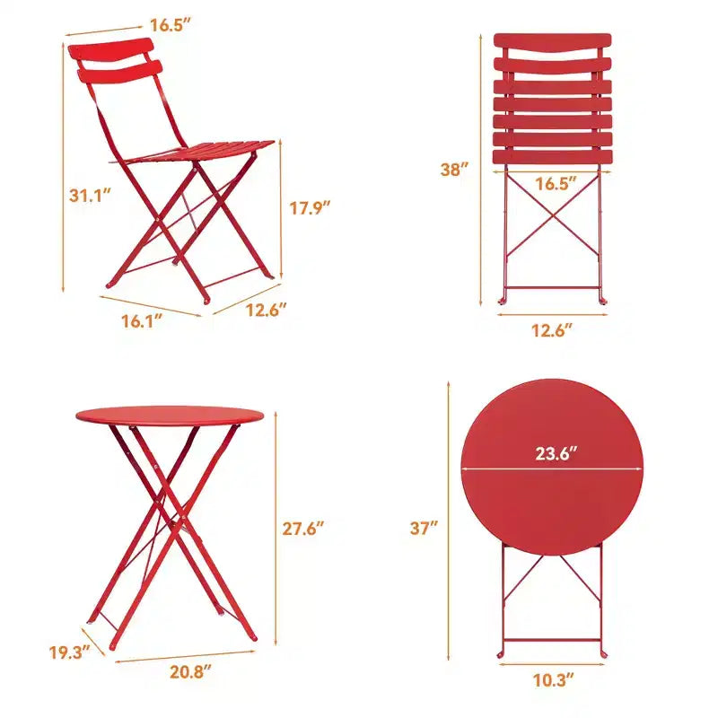 Ensemble bistro de terrasse pliant 3 pièces, mobilier en métal intérieur/extérieur, table et 2 chaises, sans montage requis, parfait pour balcon, jardin