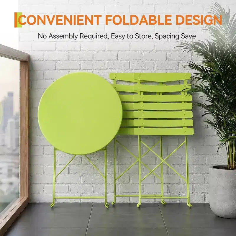 Ensemble bistro de terrasse pliant 3 pièces, mobilier en métal intérieur/extérieur, table et 2 chaises, sans montage requis, parfait pour balcon, jardin