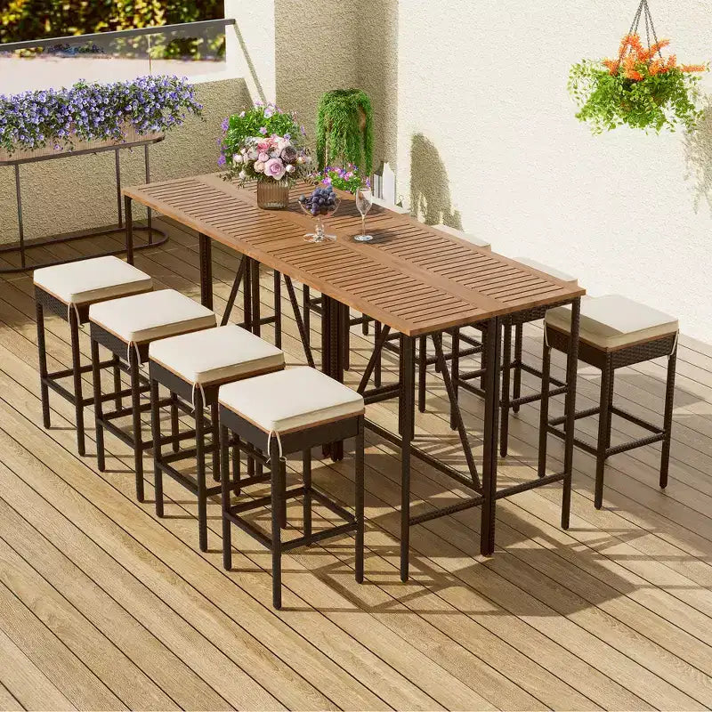 ModernLuxe Ensemble de Salle à Manger d'Extérieur Hauteur Bar 5/10 Pièces, Table Pliante en Bois d'Acacia et Tabourets Rembourrés, Salon de Jardin/Bistro Tout Temps, Marron