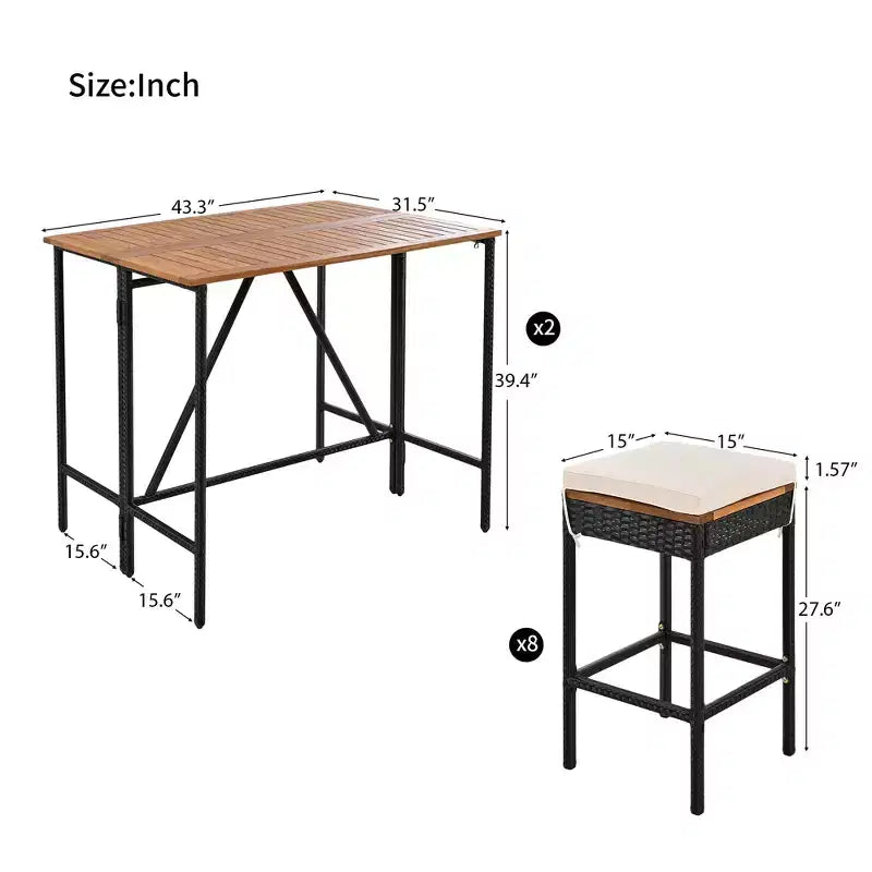 ModernLuxe Ensemble de Salle à Manger d'Extérieur Hauteur Bar 5/10 Pièces, Table Pliante en Bois d'Acacia et Tabourets Rembourrés, Salon de Jardin/Bistro Tout Temps, Marron