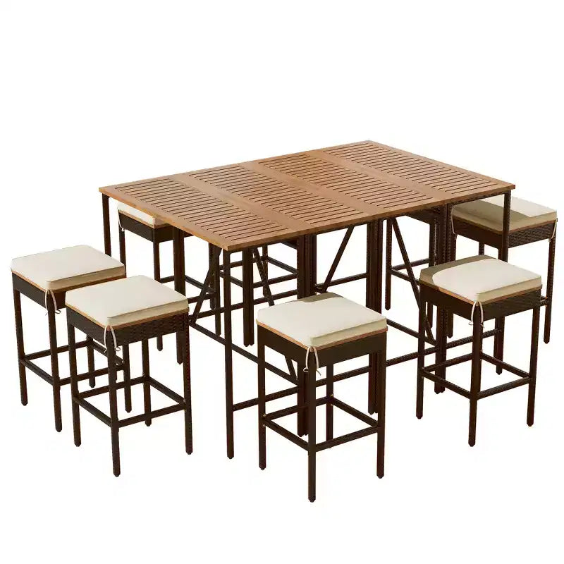 ModernLuxe Ensemble de Salle à Manger d'Extérieur Hauteur Bar 5/10 Pièces, Table Pliante en Bois d'Acacia et Tabourets Rembourrés, Salon de Jardin/Bistro Tout Temps, Marron