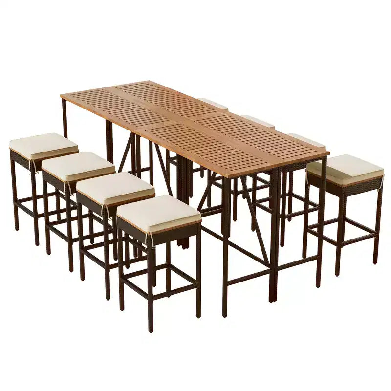 ModernLuxe Ensemble de Salle à Manger d'Extérieur Hauteur Bar 5/10 Pièces, Table Pliante en Bois d'Acacia et Tabourets Rembourrés, Salon de Jardin/Bistro Tout Temps, Marron