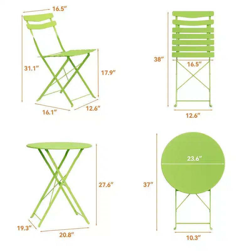 Ensemble bistro de terrasse en métal 3 pièces, kit pliant 2 chaises et table, mobilier d'extérieur prêt à l'emploi pour petits espaces