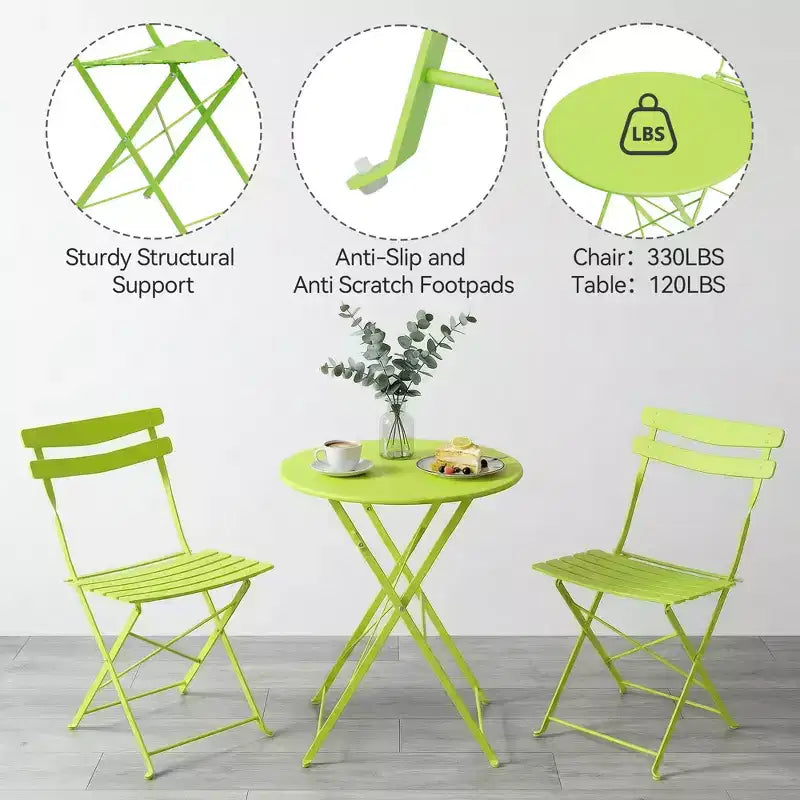 Ensemble bistro de terrasse en métal 3 pièces, kit pliant 2 chaises et table, mobilier d'extérieur prêt à l'emploi pour petits espaces