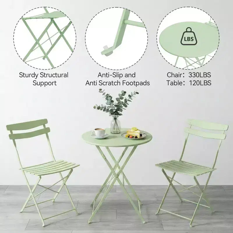 Ensemble de bistrot 3 pièces en métal pour patio, kit table et 2 chaises pliantes, mobilier d'extérieur prêt à l'emploi pour petits espaces