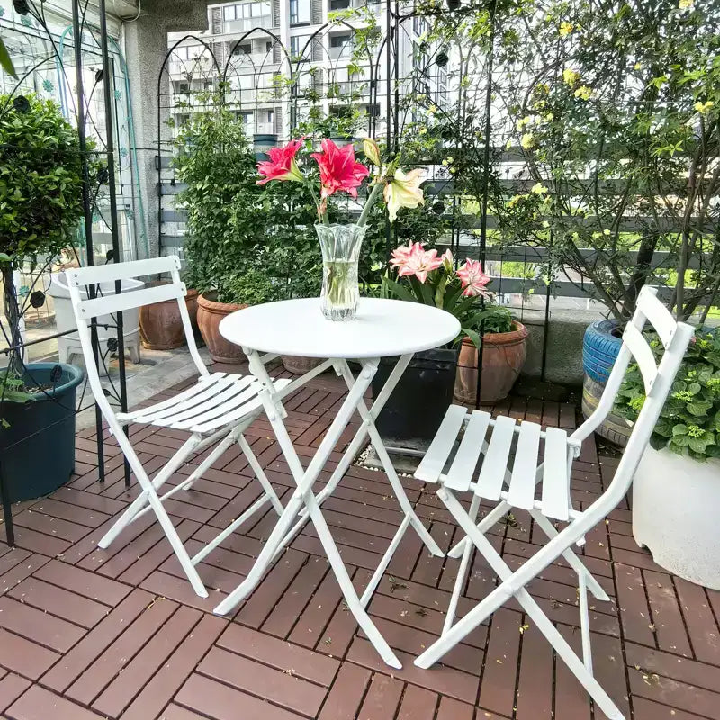 Ensemble bistro de terrasse pliant 3 pièces, ensemble table et chaises en métal d'extérieur, mobilier de balcon peu encombrant, résistant aux intempéries, Blanc