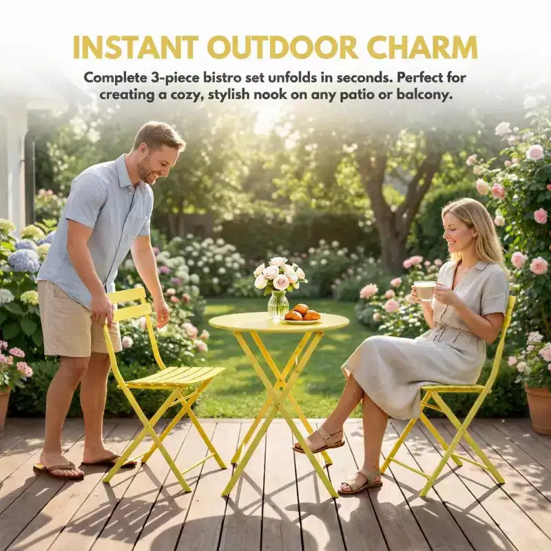 Ensemble bistro de terrasse pliant 3 pièces, ensemble table et chaises en métal d'extérieur, mobilier de balcon peu encombrant, résistant aux intempéries, Blanc