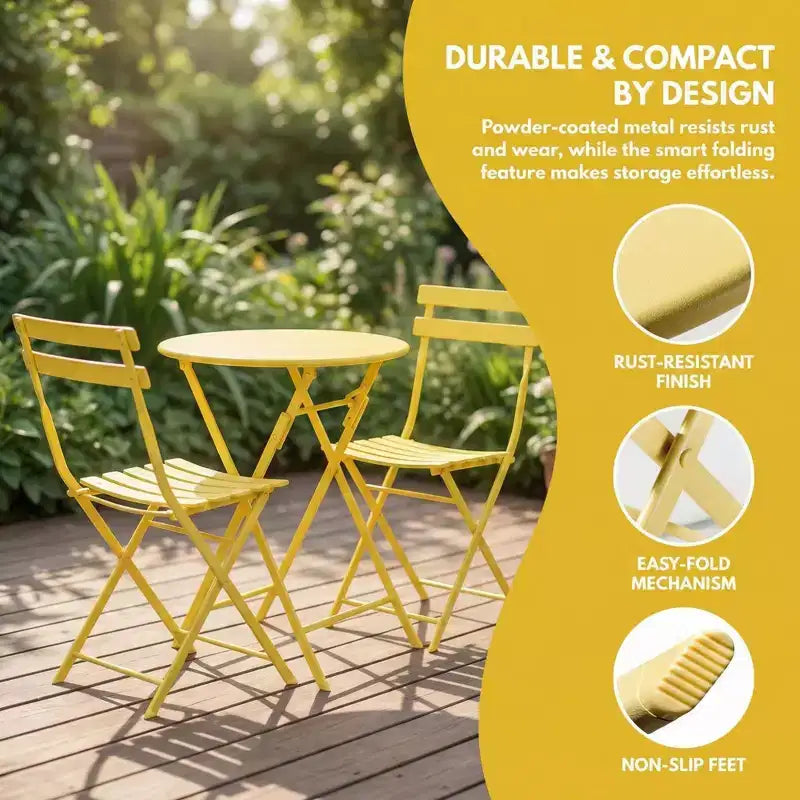 Ensemble bistrot de patio pliant 3 pièces, table et chaises de jardin en métal, mobilier de balcon peu encombrant, résistant aux intempéries, blanc