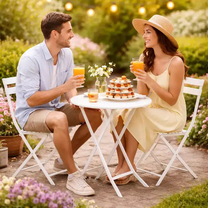 Ensemble bistro de terrasse pliant 3 pièces, ensemble table et chaises en métal d'extérieur, mobilier de balcon peu encombrant, résistant aux intempéries, Blanc
