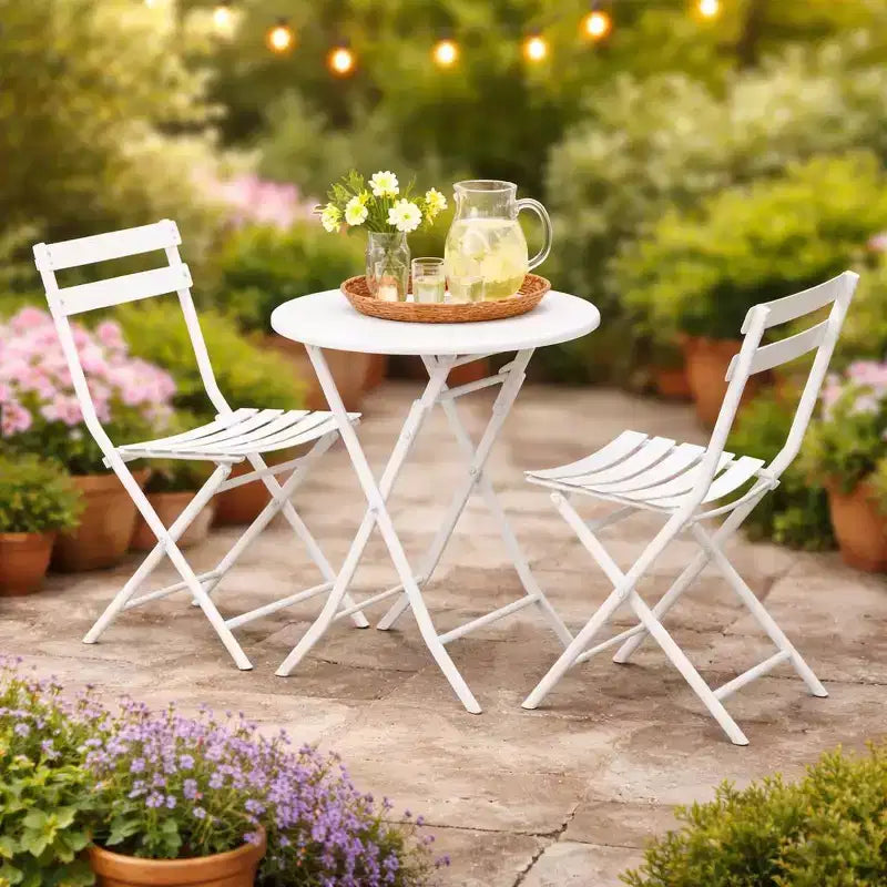 Ensemble bistro de terrasse pliant 3 pièces, ensemble table et chaises en métal d'extérieur, mobilier de balcon peu encombrant, résistant aux intempéries, Blanc