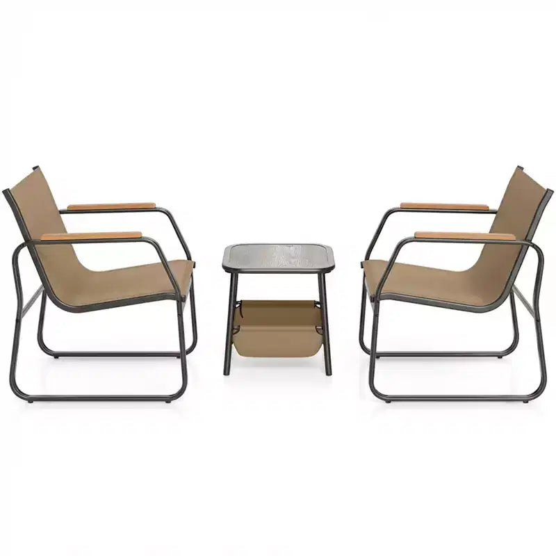 Ensemble de meubles de patio Gymax 3 pièces avec tissu maillé respirant, cadre en métal robuste, pieds réglables et table de rangement latérale pour jardin, balcon, patio