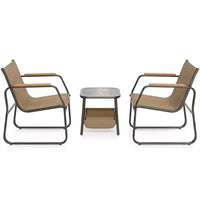 Ensemble de meubles de patio Gymax 3 pièces avec tissu maillé respirant, cadre en métal robuste, pieds réglables et table de rangement latérale pour jardin, balcon, patio