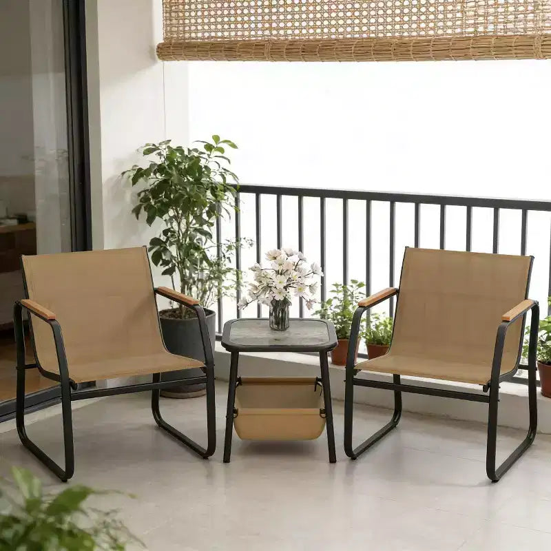 Ensemble de meubles de patio Gymax 3 pièces avec tissu maillé respirant, cadre en métal robuste, pieds réglables et table de rangement latérale pour jardin, balcon, patio