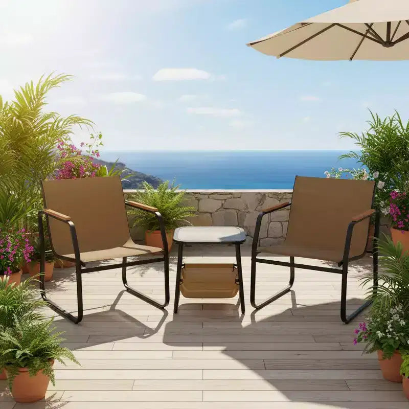 Ensemble de meubles de patio Gymax 3 pièces avec tissu maillé respirant, cadre en métal robuste, pieds réglables et table de rangement latérale pour jardin, balcon, patio