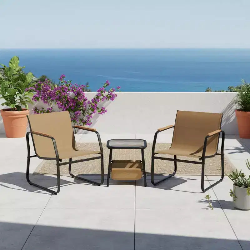 Ensemble de meubles de patio Gymax 3 pièces avec tissu maillé respirant, cadre en métal robuste, pieds réglables et table de rangement latérale pour jardin, balcon, patio