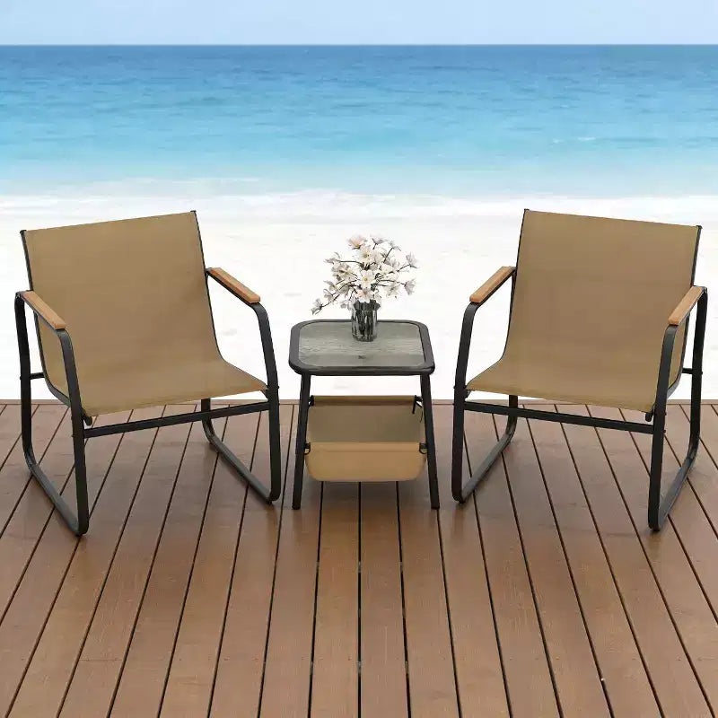 Ensemble de meubles de patio Gymax 3 pièces avec tissu maillé respirant, cadre en métal robuste, pieds réglables et table de rangement latérale pour jardin, balcon, patio