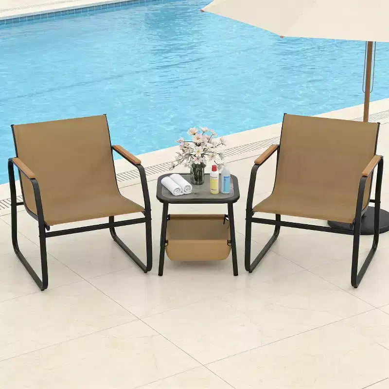 Ensemble de meubles de patio Gymax 3 pièces avec tissu maillé respirant, cadre en métal robuste, pieds réglables et table de rangement latérale pour jardin, balcon, patio