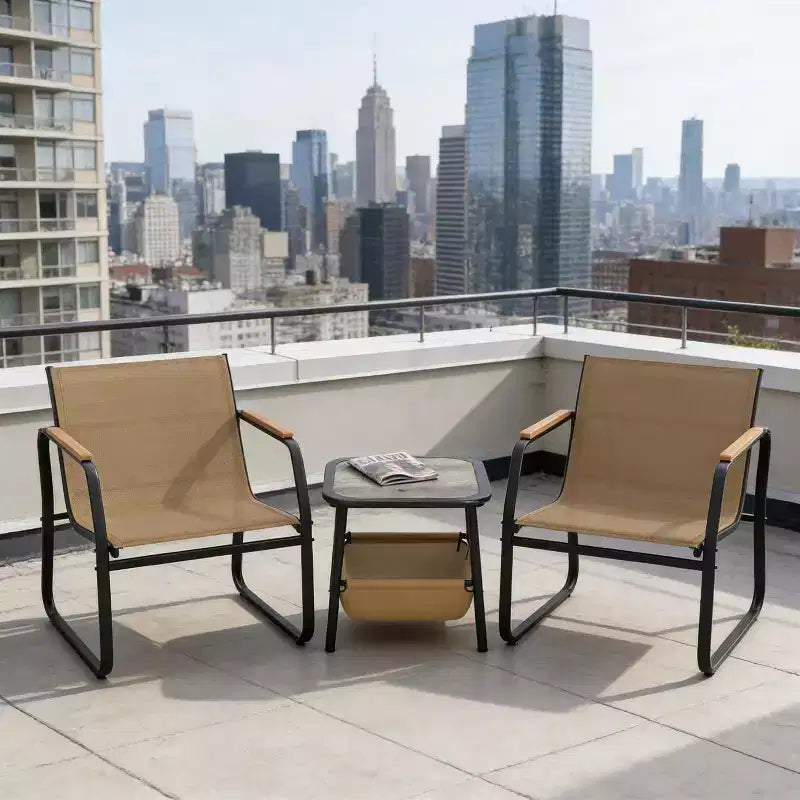 Ensemble de meubles de patio Gymax 3 pièces avec tissu maillé respirant, cadre en métal robuste, pieds réglables et table de rangement latérale pour jardin, balcon, patio