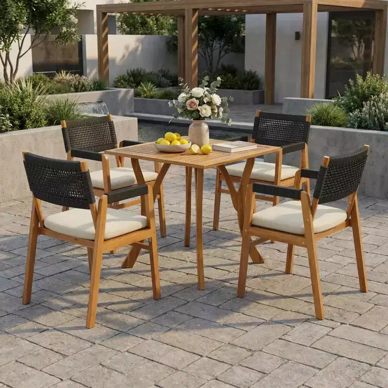 ModernLuxe Ensembles de salle à manger d'extérieur, ensemble de bistrot de patio 5 pièces en bois d'acacia, ensemble de conversation avec fauteuils d'appoint