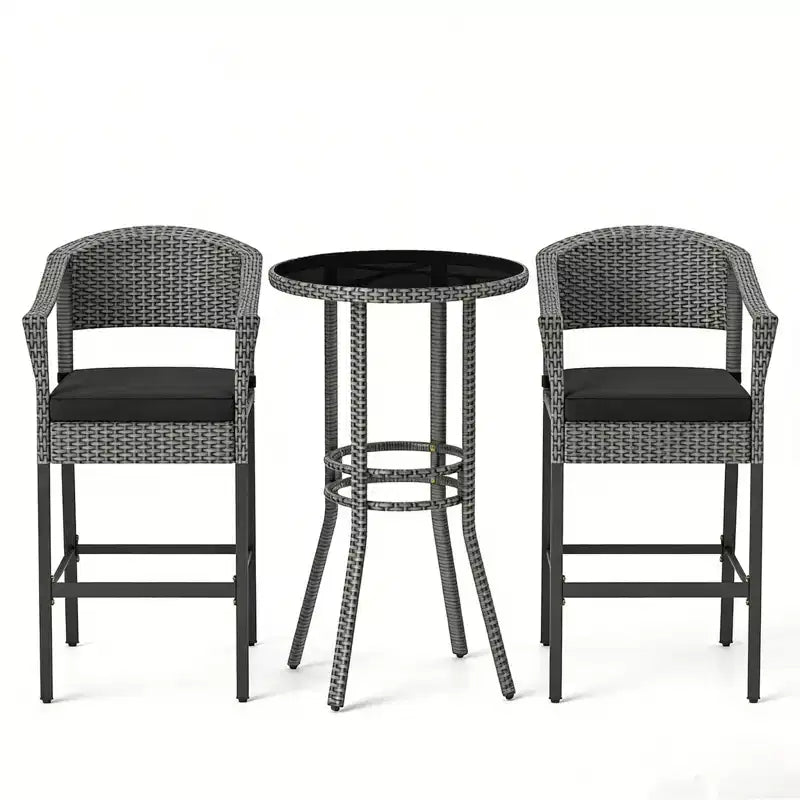 Gymax Ensemble de bar extérieur 3 pièces Table ronde et fauteuils en osier de hauteur bar avec plateau en verre trempé et coussins