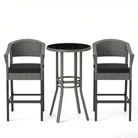 Gymax Ensemble bar d'extérieur 3 pièces, table de terrasse ronde hauteur bar en rotin et fauteuils avec plateau en verre trempé et coussins
