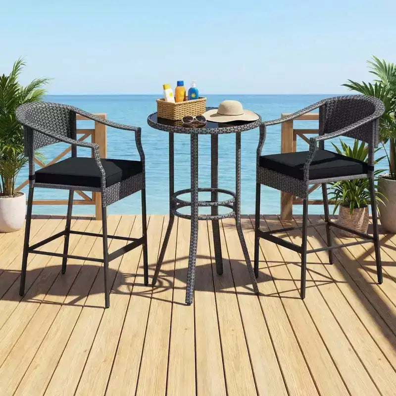 Gymax Ensemble bar d'extérieur 3 pièces, table de terrasse ronde hauteur bar en rotin et fauteuils avec plateau en verre trempé et coussins