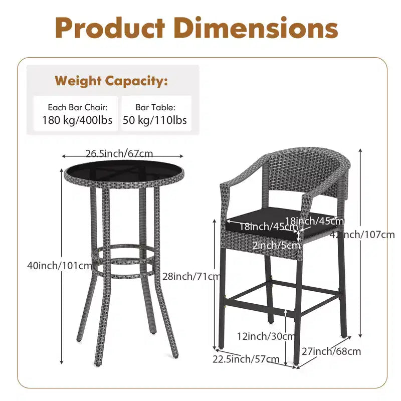 Gymax Ensemble de bar extérieur 3 pièces Table ronde et fauteuils en osier de hauteur bar avec plateau en verre trempé et coussins