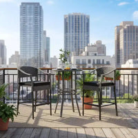 Gymax Ensemble bar d'extérieur 3 pièces, table de terrasse ronde hauteur bar en rotin et fauteuils avec plateau en verre trempé et coussins