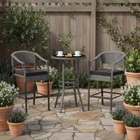 Gymax Ensemble bar d'extérieur 3 pièces, table de terrasse ronde hauteur bar en rotin et fauteuils avec plateau en verre trempé et coussins