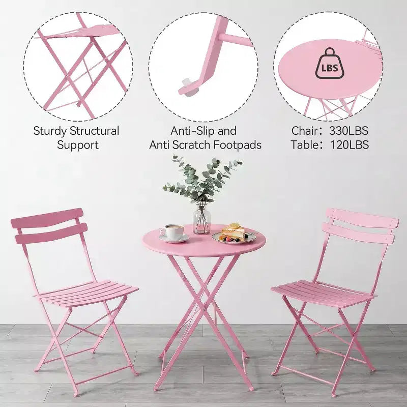 GustoWave Ensemble bistrot pliable 3 pièces en métal avec table ronde et 2 chaises