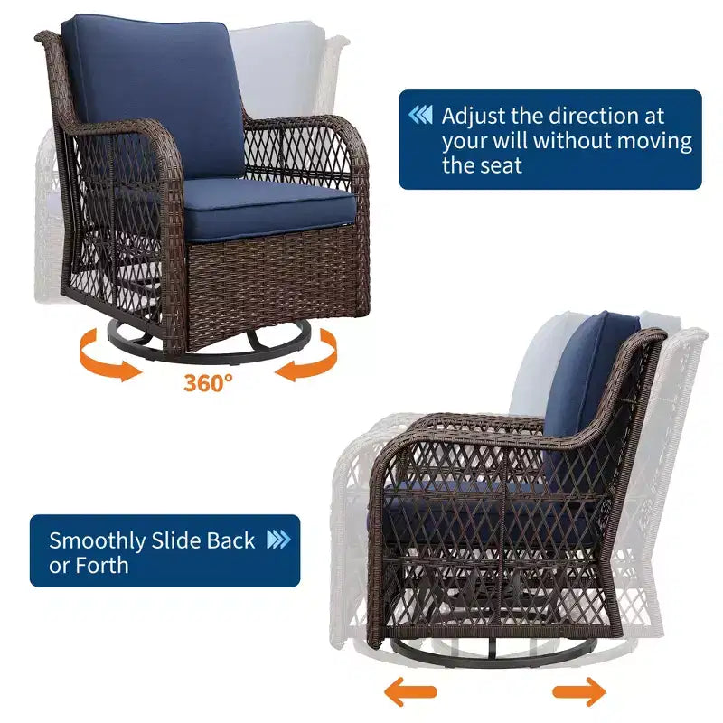 Ensemble de 3 chaises pivotantes en osier avec table basse, coussins épais et résistant aux intempéries, pour balcon, jardin, arrière-cour.