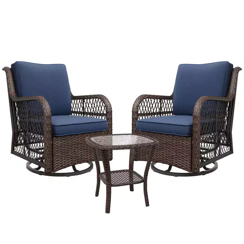 Ensemble bistro de patio pivotant 3 pièces en résine tressée avec chaise planeur, table basse et coussins épais résistants aux intempéries, pour balcon, jardin et arrière-cour