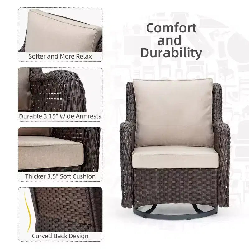 Ensemble bistro de patio pivotant 3 pièces en résine tressée avec chaise planeur, table basse et coussins épais résistants aux intempéries, pour balcon, jardin et arrière-cour