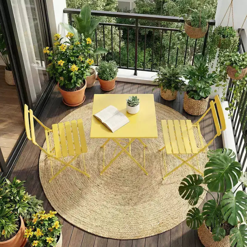 Ensemble bistro de patio pliable 3 pièces - Table en métal d'intérieur/extérieur et 2 chaises pliantes, mobilier carré compact pour balcon, porche, jardin et petits espaces