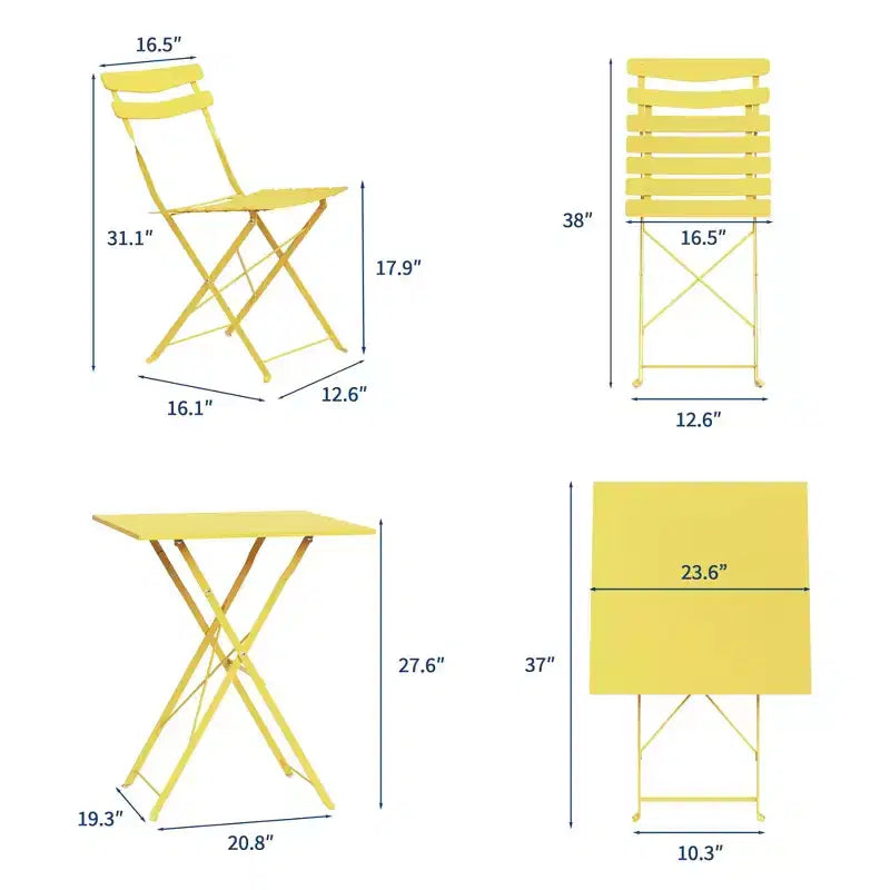 Ensemble bistro de patio pliable 3 pièces - Table en métal d'intérieur/extérieur et 2 chaises pliantes, mobilier carré compact pour balcon, porche, jardin et petits espaces