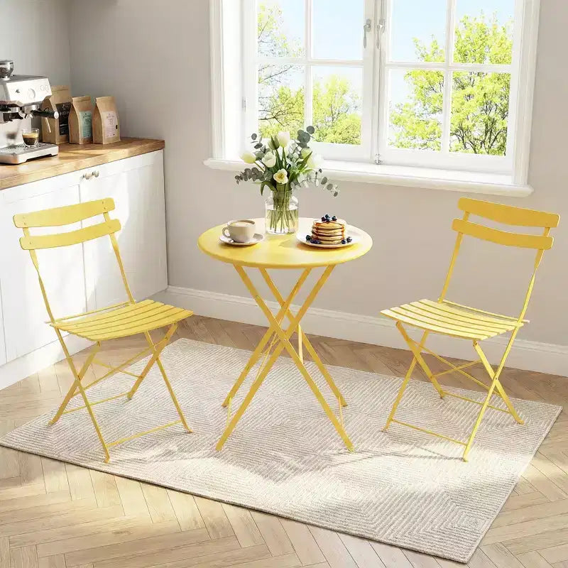 Ensemble bistrot pliable 3 pièces pour patio, meubles de table et chaises en métal pour extérieur/intérieur, table ronde compacte avec 2 chaises pliantes