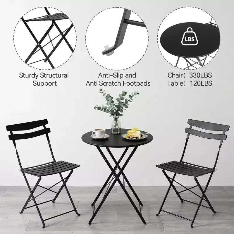 Ensemble de bistrot pliant 3 pièces pour terrasse, table ronde en métal et 2 chaises pour balcon, porche, terrasse ou appartement