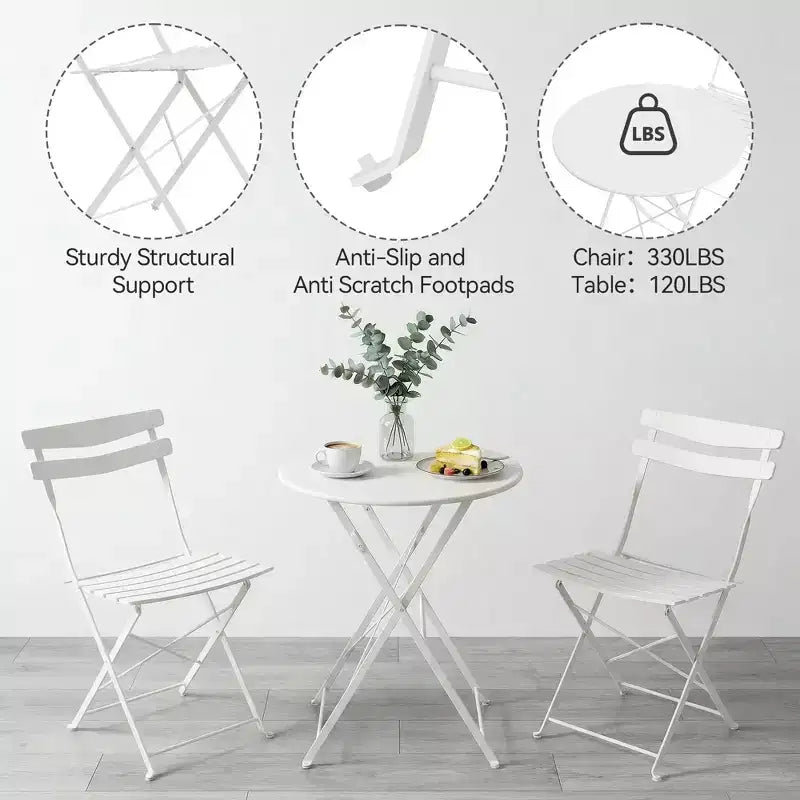 Ensemble de bistrot pliant 3 pièces pour terrasse, table ronde en métal et 2 chaises pour balcon, porche, terrasse ou appartement