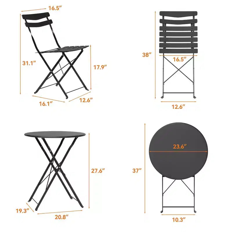 Ensemble de bistrot pliant 3 pièces pour terrasse, table ronde en métal et 2 chaises pour balcon, porche, terrasse ou appartement