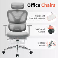 Fauteuil de bureau ergonomique en maille avec support lombaire réglable, appui-tête et repose-pieds, accoudoirs 3D, chaise pivotante pour utilisateurs corpulents
