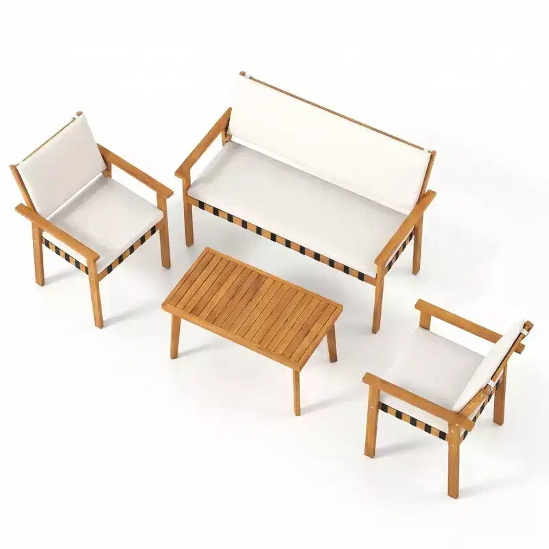 Gymax Ensemble de 4 pièces pour patio avec table basse en acacia et coussins blancs pour jardin
